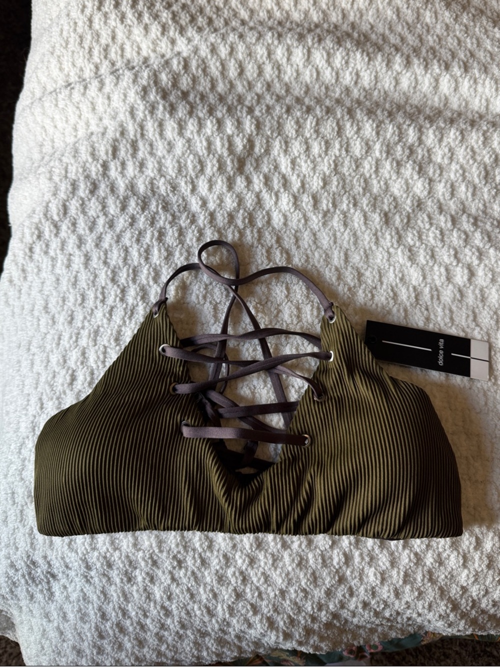 Dolce Vita Olive Lace-Up Ribbed Bikini Top